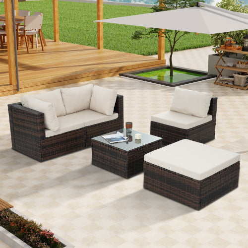 Patio Furniture, Outdoor Furniture, Seasonal PE Wicker Furniture, 5 Set Wicker Furniture With Tempered Glass Coffee Table